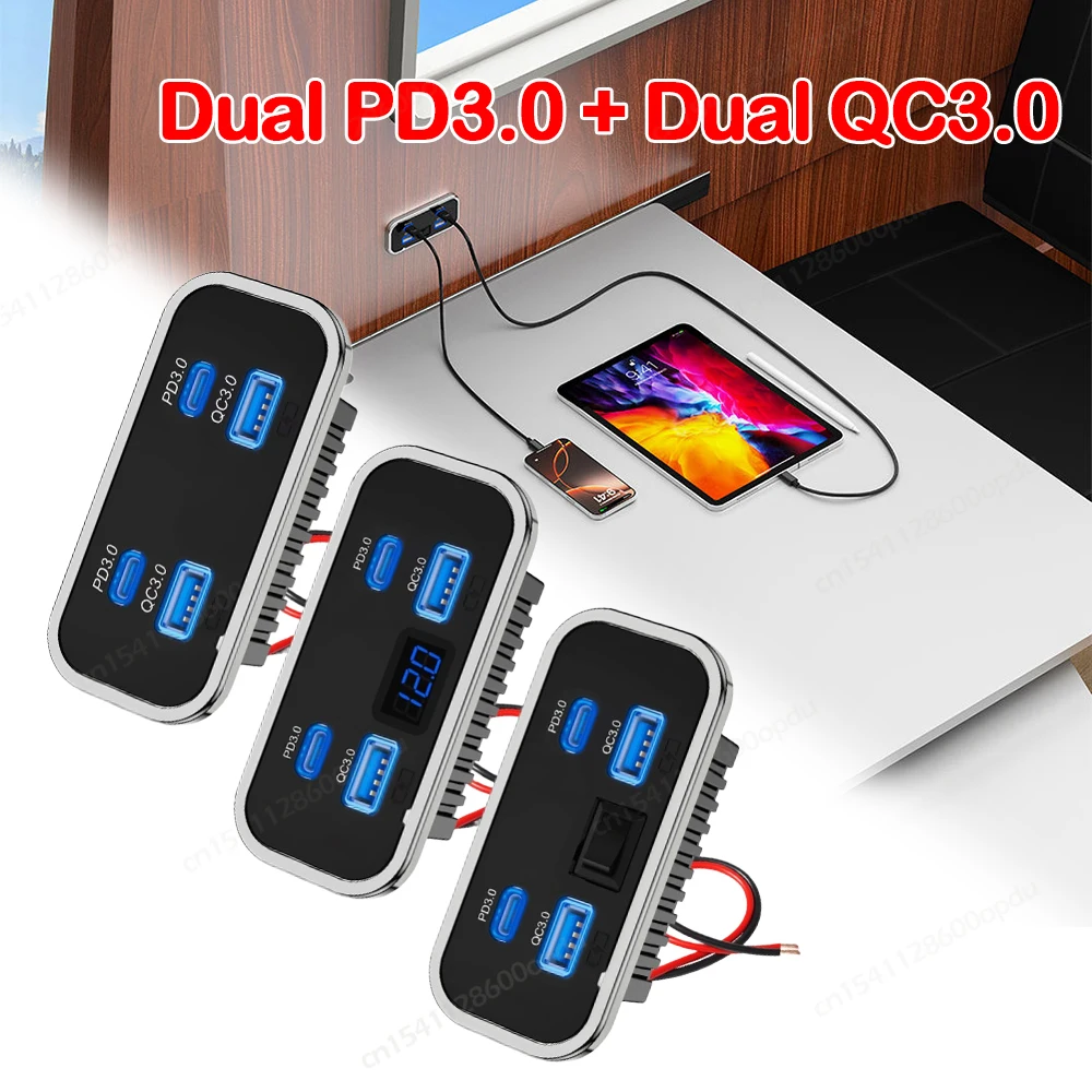 tomada-usb-de-4-portas-76w-12v-com-qc30-usb-a-e-pd30-tipo-c-carregador-rapido-para-carro-barco-atv-moto-Onibus-caminhao
