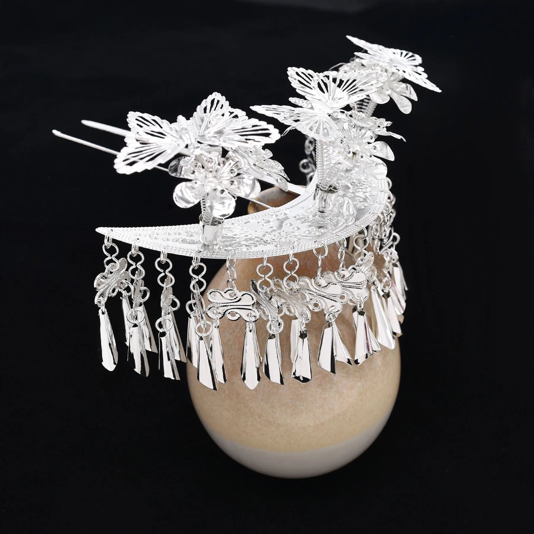 Miao Feng Butterfly Flower Tassel Pendant Headwear Flower Beads Hair Pins Handmade butterfly Jewelry