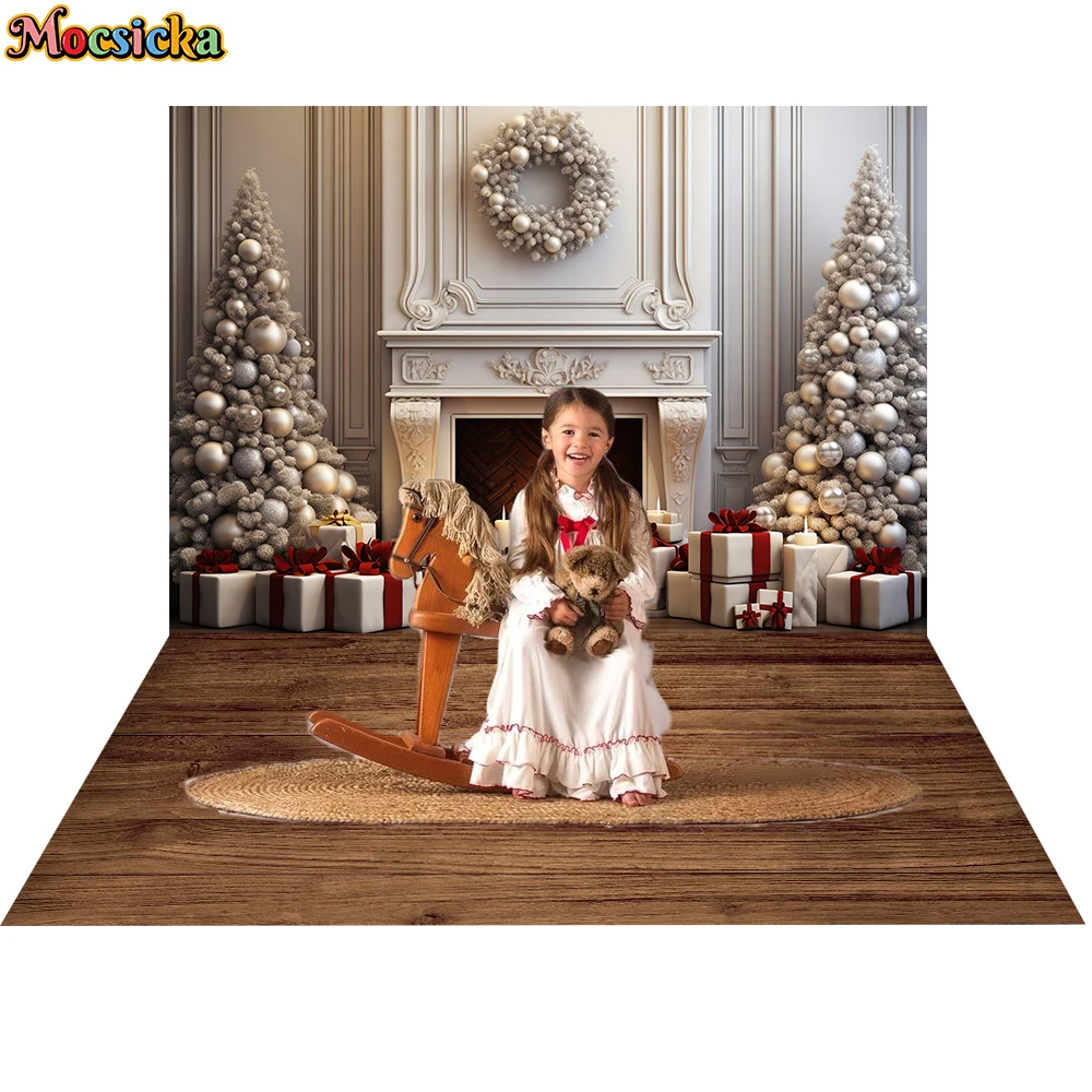 Mocsicka White Christmas Fireplace Photography Background Xmas Tree Gifts Girl Family Party Portrait Decor Backdrop Photo Studio