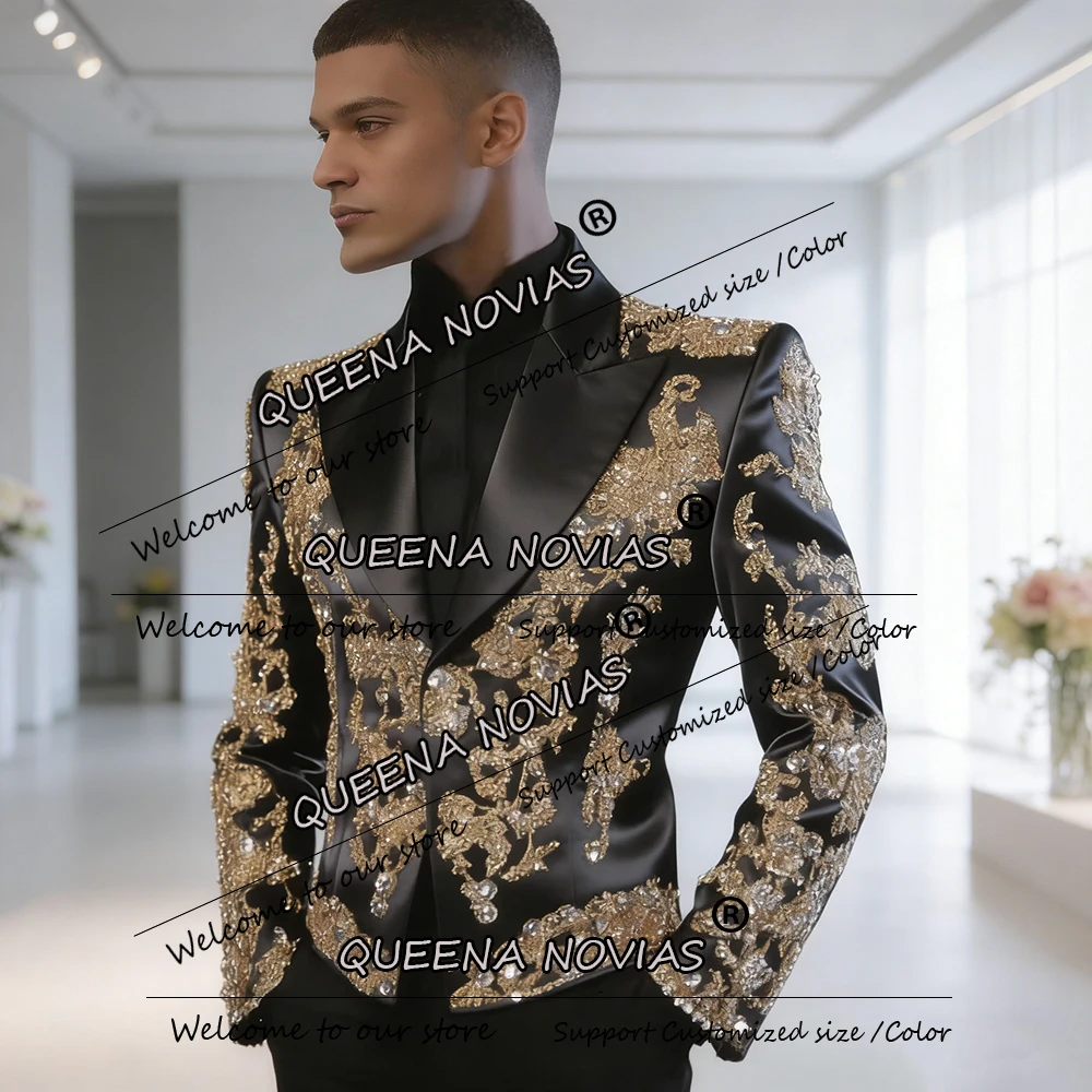 Customized Crystals Beaded Suits Men 2 Piece Set Unique Design Jacket Pants Slim Fit Banquet Man Wedding Tuxedos Outfits 2026