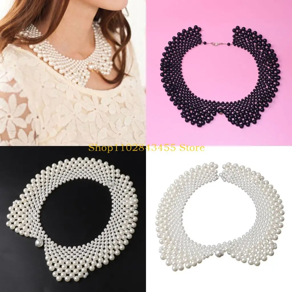 

49MC Ethnic Handmade Woven Beading False Collar Imitation Pearl Jewelry Women Bib Cho