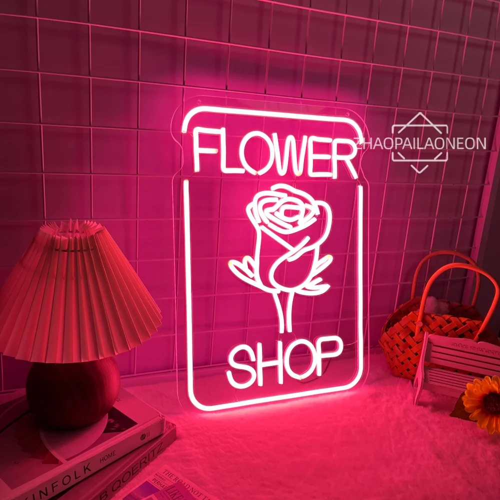 Flower Shop Neon Sign Led Lighting Rose Led Sign Flower Shop Decoration Indoor Wall Hanging Decor Business Room Decor USB Led