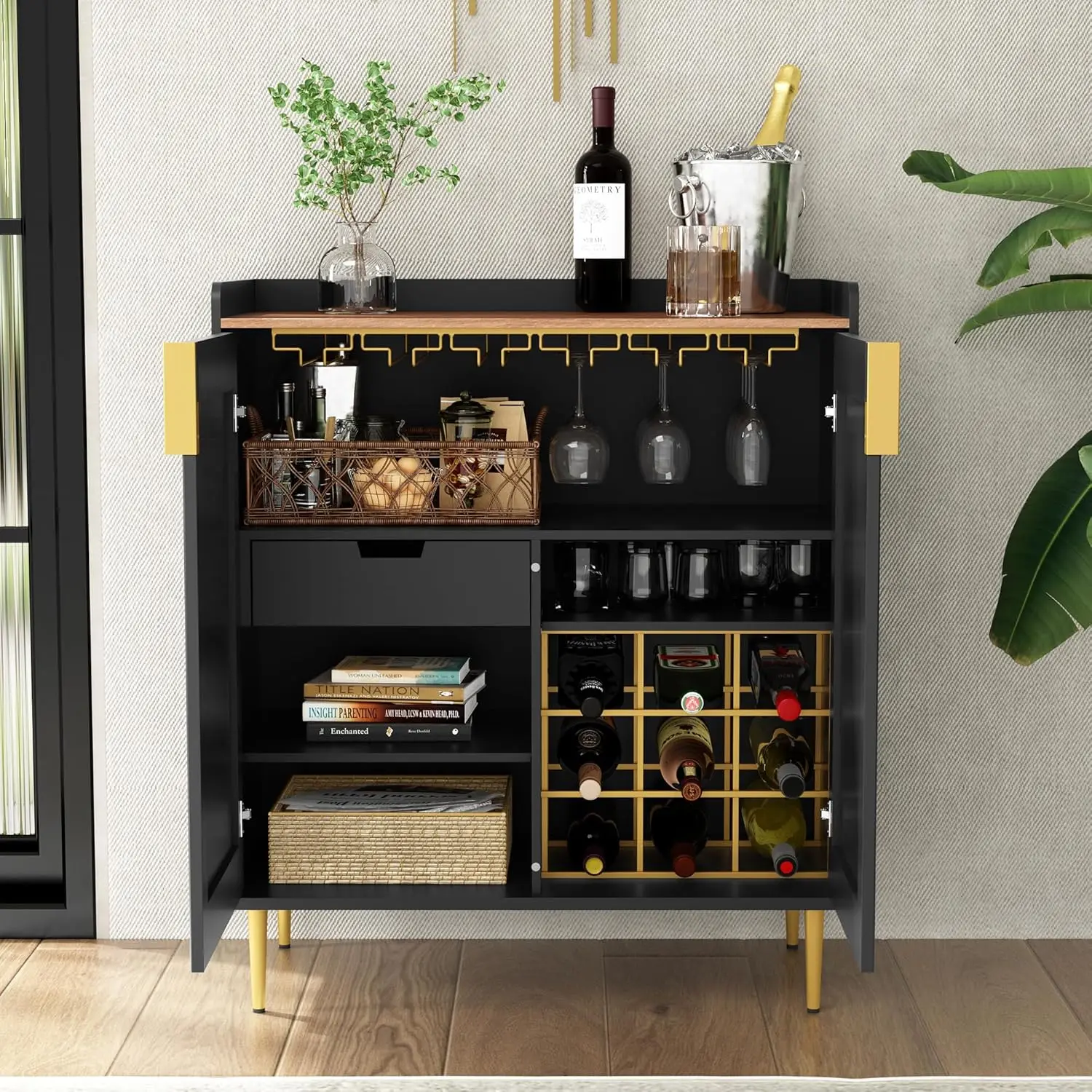 Fluted Texture Sideboard Buffet Cabinet with Wine Rack & Drawers Black Kitchen Dining Living Room, Customized