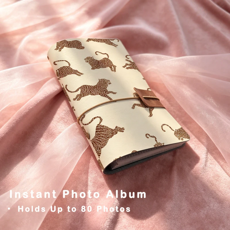 Vintage Line Drawing Tiger Small Photo Album Lightweight Pocket Picture Album PU Cover Memory Book for Birthday Holiday Present