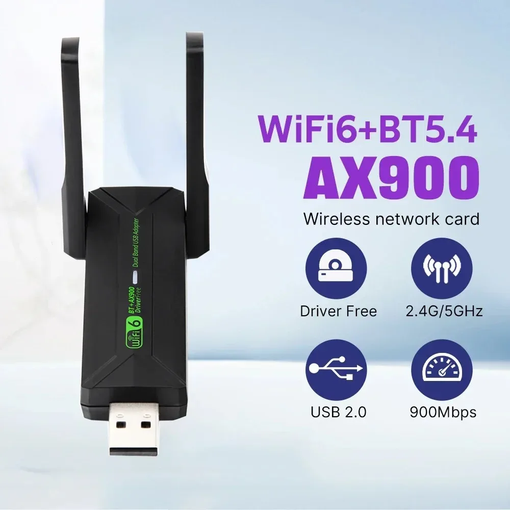 

USB-адаптер Wi-Fi 6, 900 Мбит/с, Bluetooth 5,4, AX900, USB-сетевой приемник, ключ, драйвер, бесплатные антенны 2,4G 5G