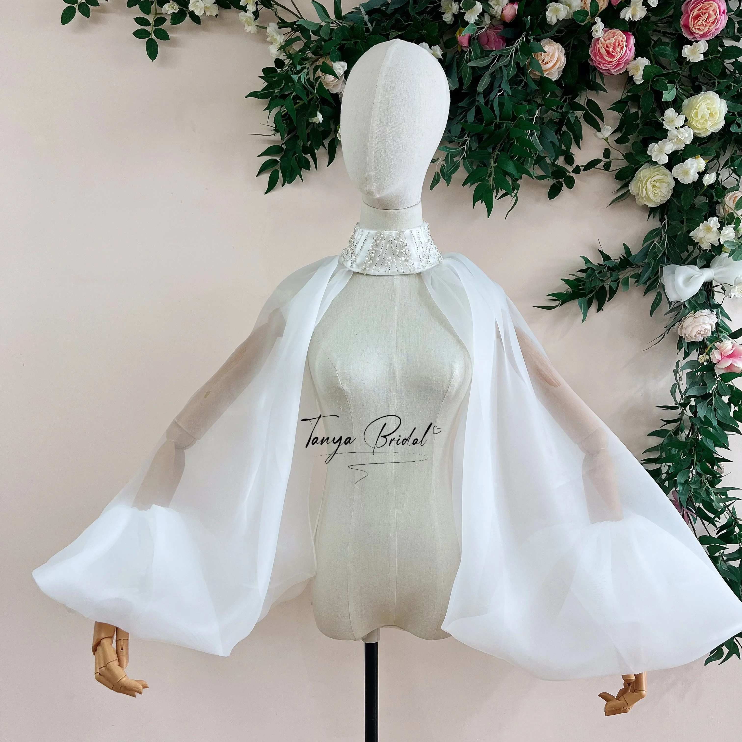 White Organza High Neck Bolero Jacket with Giant Puff Sleeves Back Button Detail Beadings on Neck And Cuff for Women