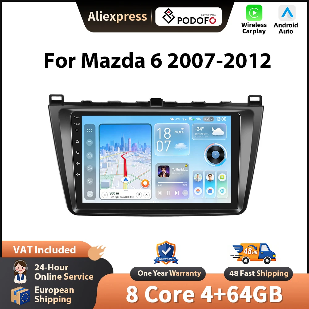 Podofo Android Autoradio für Mazda 6 Rui Wing 2015-2019, kabelloses CarPlay, GPS, WLAN, FM/RDS, 2-DIN-Einheit, EQ, BT, Autoradio