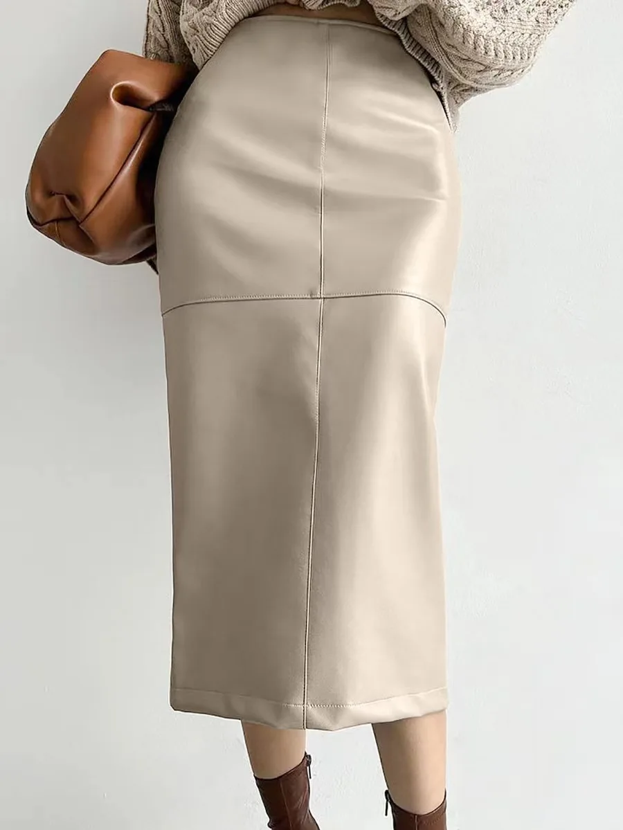 ارتفاع الخصر بولي Leather الجلود انقسام تنورة الخريف الشتاء Fce اصطف Ele تخفيف Sle ميدي تنورة للنساء في أواخر العشرين
