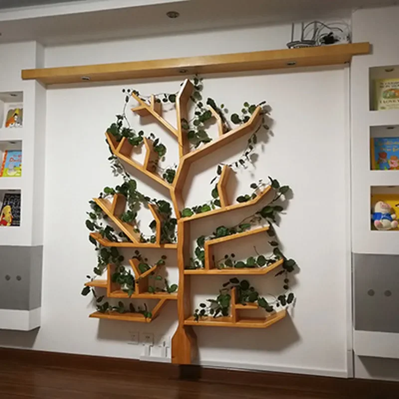 Creative Solid Wood Tree Shaped Bookshelf Floor to Ceiling Library Wall Decorative Shelf Personalized Childrens Bookcase