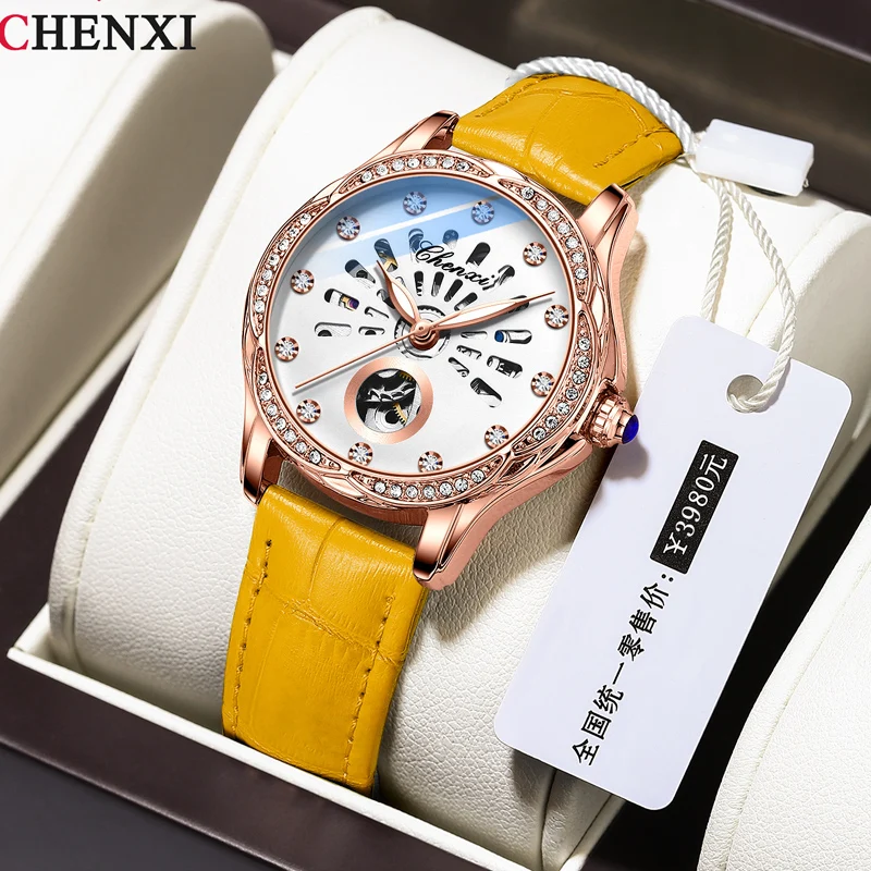 Fashion Chenxi Top Brand Luxury Women Watch Skeleton Automatic Mechanical Wristwatch Yellow Genuine Leather Strap Ladies Watches