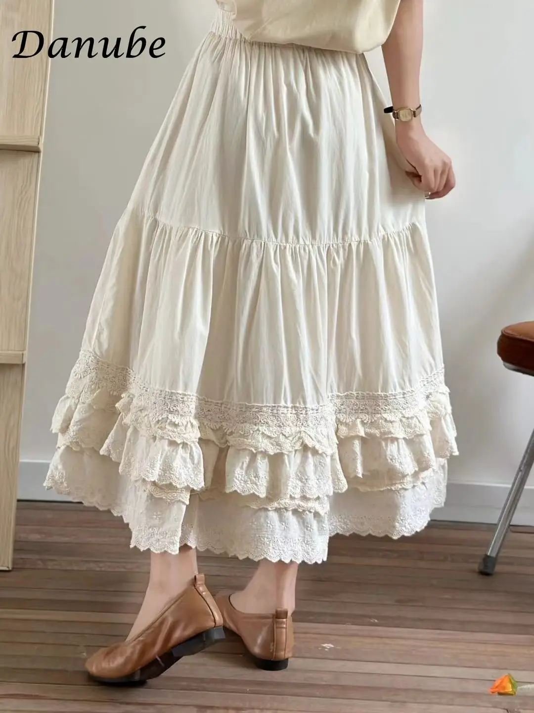 Vintage Ruffled Cotton Linen Midi Skirt Women Japanses Mori Girl Lolita A-Line Pleated Skirt Sweet Fairy Kawaii Cake Skirt Femal