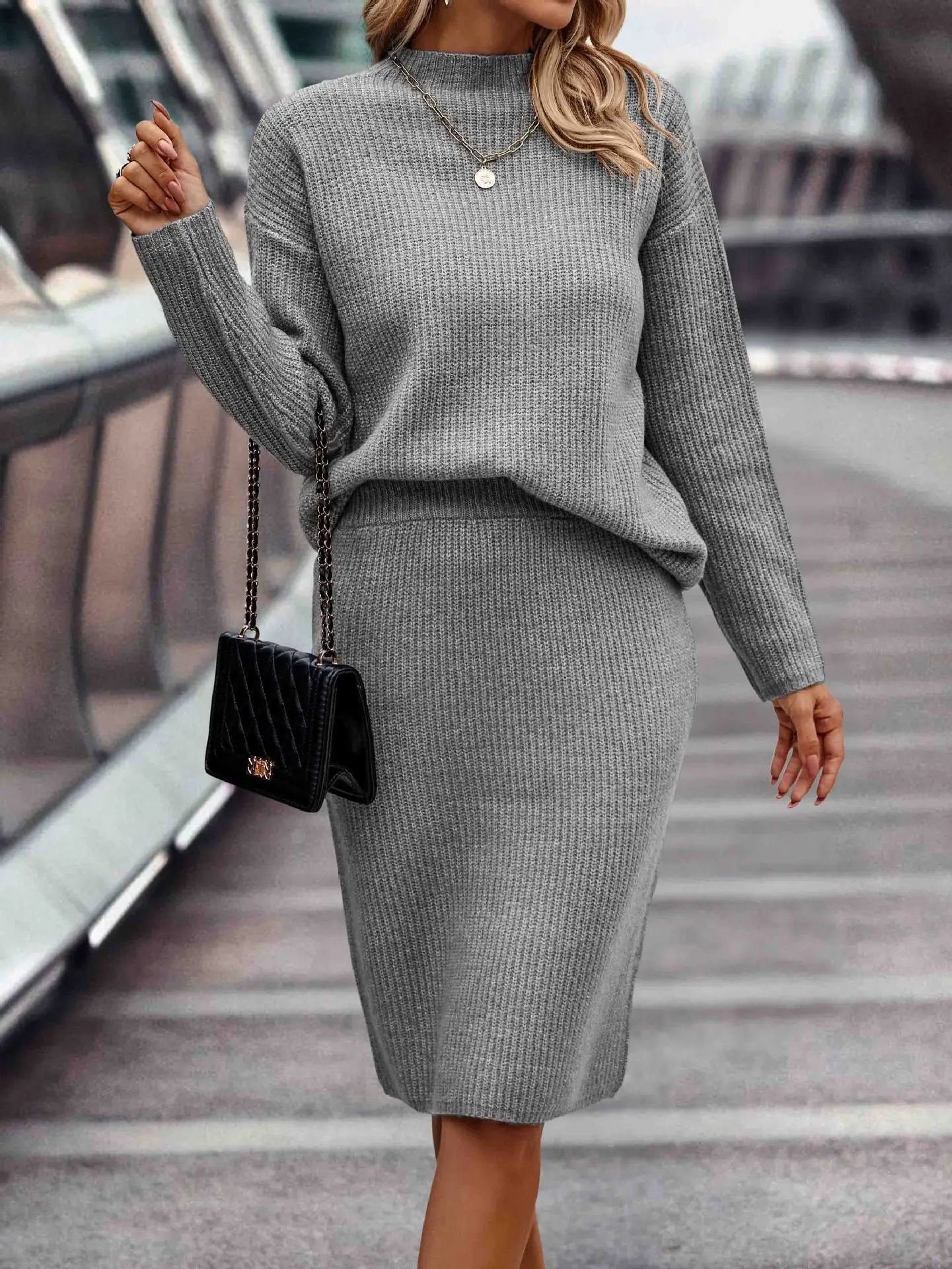 2 piece sets women outfit Autumn Winter Black Khaki Navy Blue Knitted Sweater Tops+Skirt Set 2024 new in matching sets
