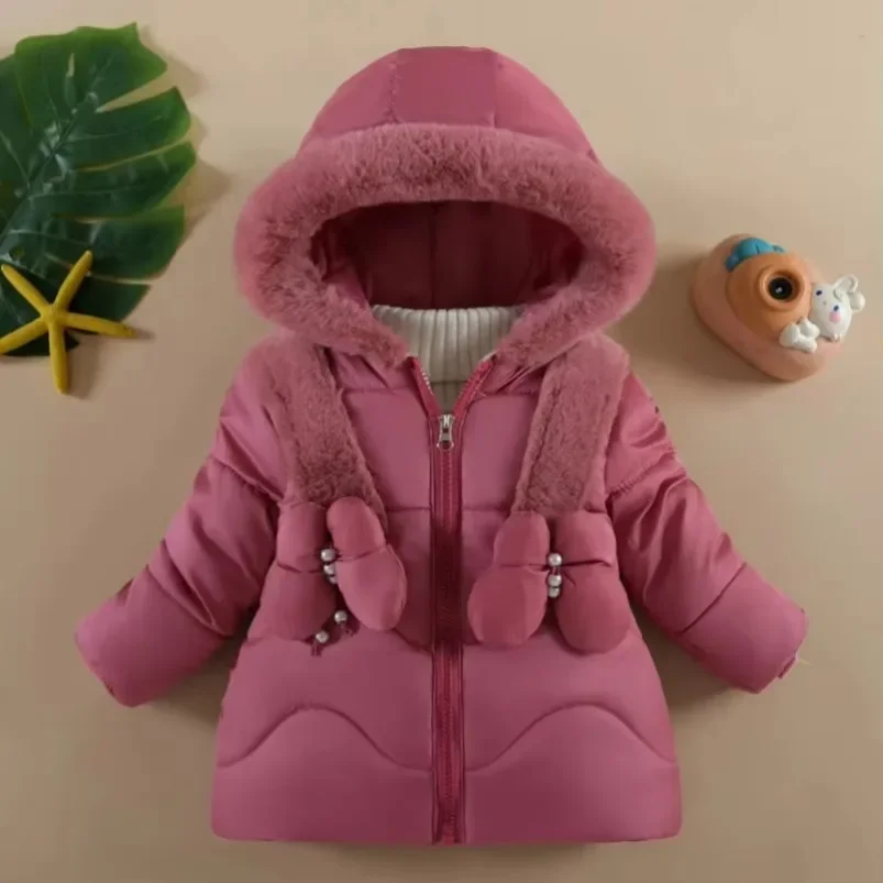 Girls Plush Jacket Solid Color Bow Decoration Lamb Baby Wool Lining Coats Fur Collar Winter Hooded Thick Snowsuit For 1-4Y Kids