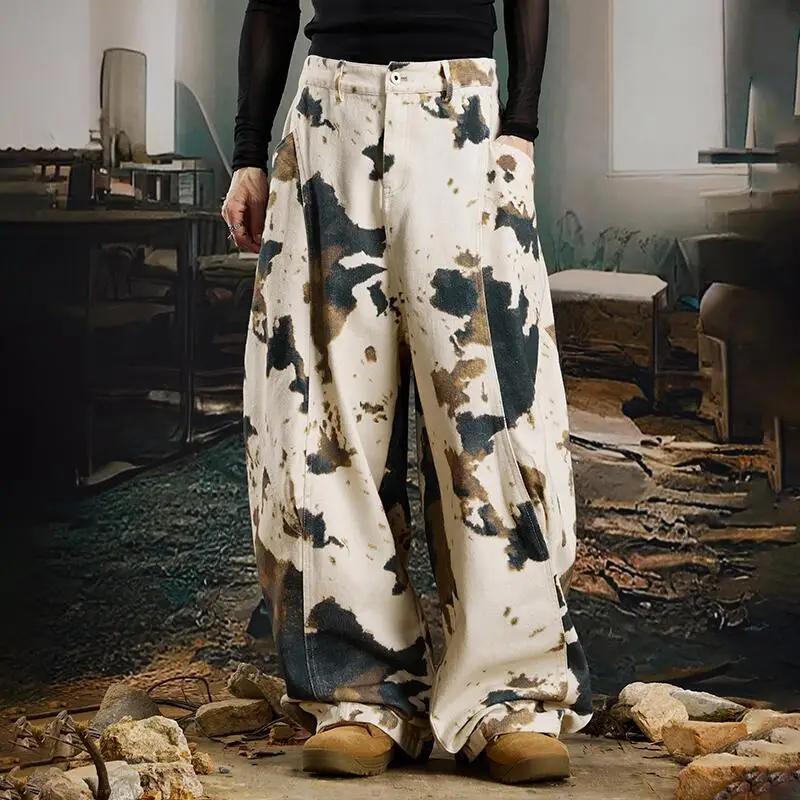 MWJLPWQ جينز رجالي ذو طابع شخصي للشارع فضفاض واسع الساق الهيب هوب محفور طويل المنجل سراويل تقليدية للجنسين 2025 خريف 12222