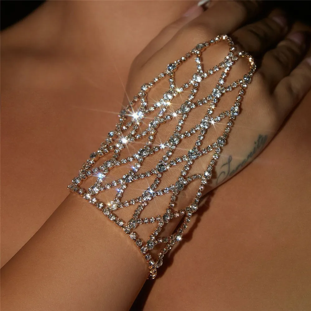 Glamorous Rhinestone Lattice Hand Harness Bling Fishnet Slave Bracelet Crystal Finger Ring Bangle Club Party Body Jewelry
