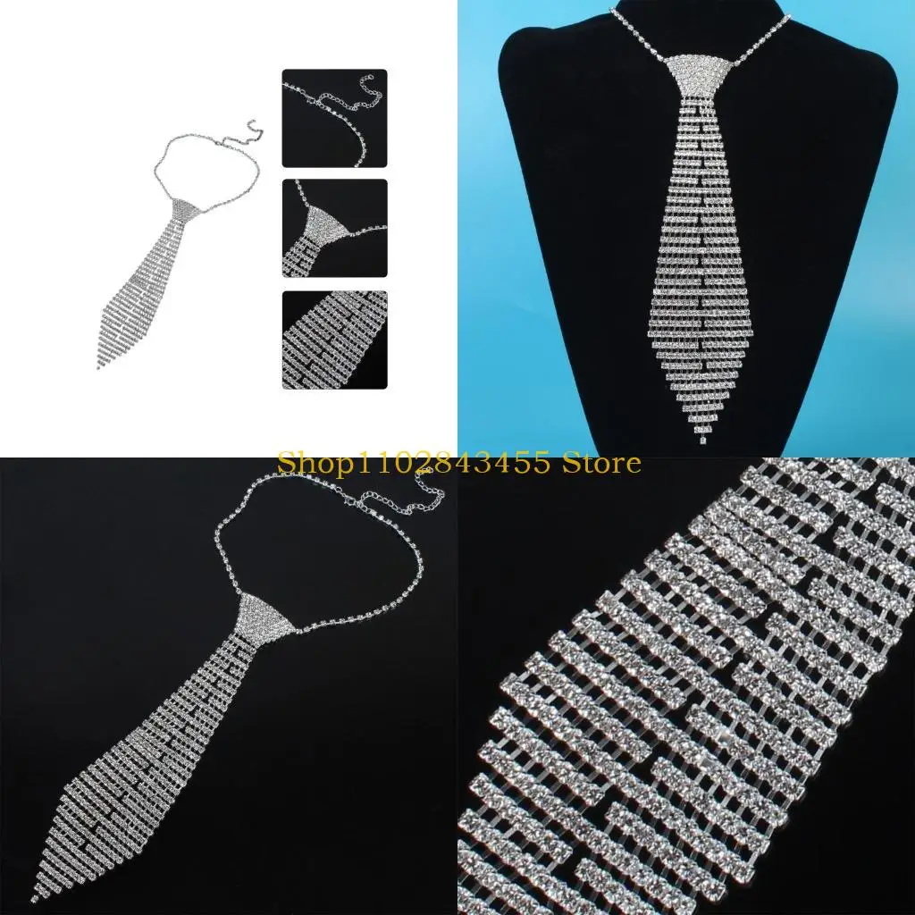 

49MC Shimmering Crystal Necktie for Party Knot Free Necklace Tie Adjustable Ties Women Formal Party Bowtie Nightclub Necktie