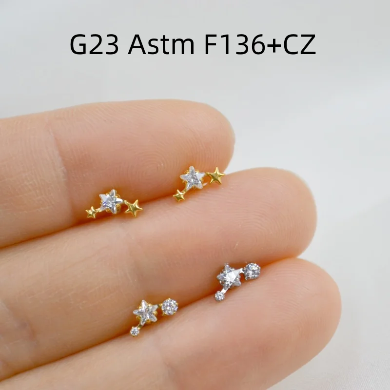 10pcs G23 Titanium Astm F136 Piercing StarCZ Internal Thread Lip Labret Bar Ear Helix Tragus Rook Barbells Stud Piercing Jewelry