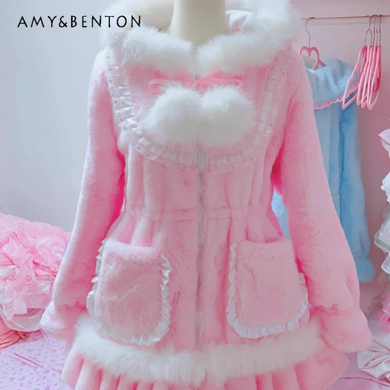 Original Design Cute Pink Furry Splicing Hooded Women's Jacket Autumn Winter New Fleece Lined Waist Adjustable Warm Coat Ladies