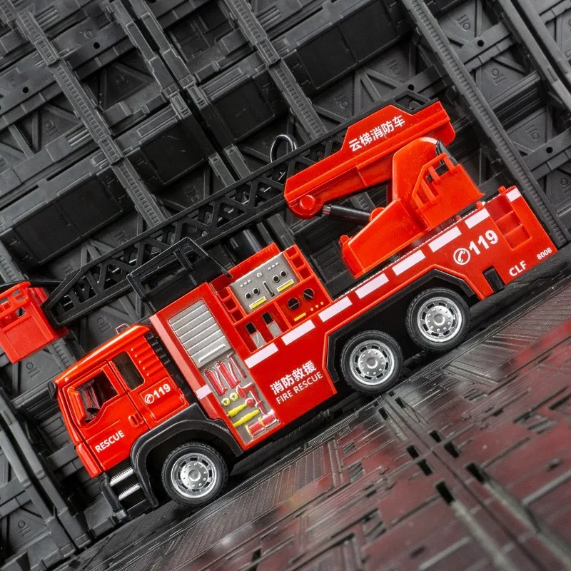 1/50 modelo de brinquedo de carro de motor de incêndio com escada de luz sonora roda de caminhão de bombeiros puxar para trás sprinkler veículo de resgate meninos decoração presentes