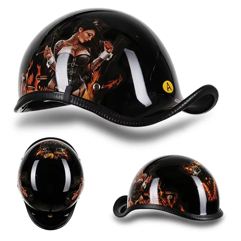Retro Motorcycle Helmets for Men Vintage Motorbike Half Helmet with Built-in Lens Summer Electric Bike Safety Cap Fashion Harley