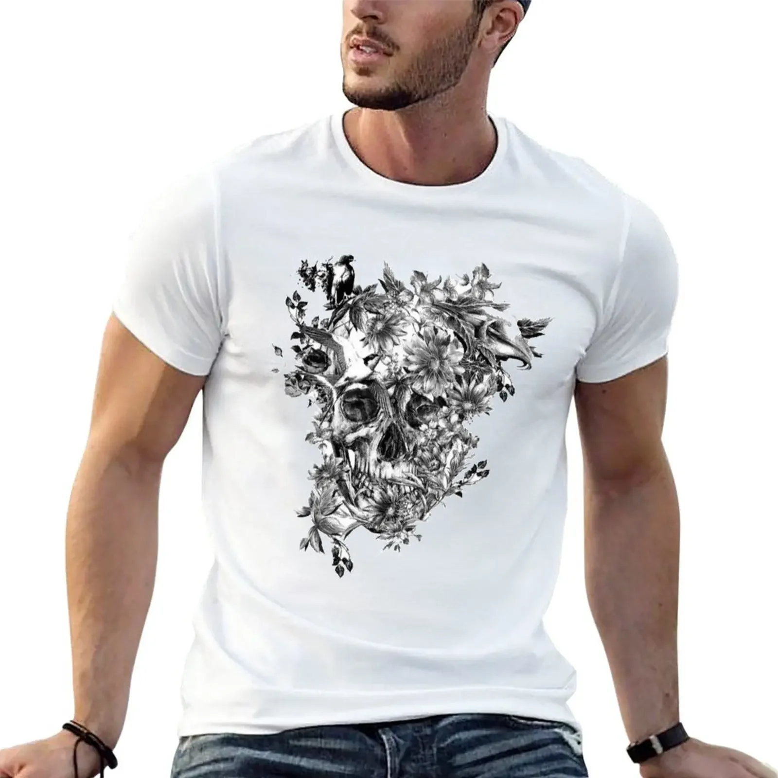 New black and white flower skull T-Shirt boys white t shirts sweat shirts anime clothes plain black t shirts men