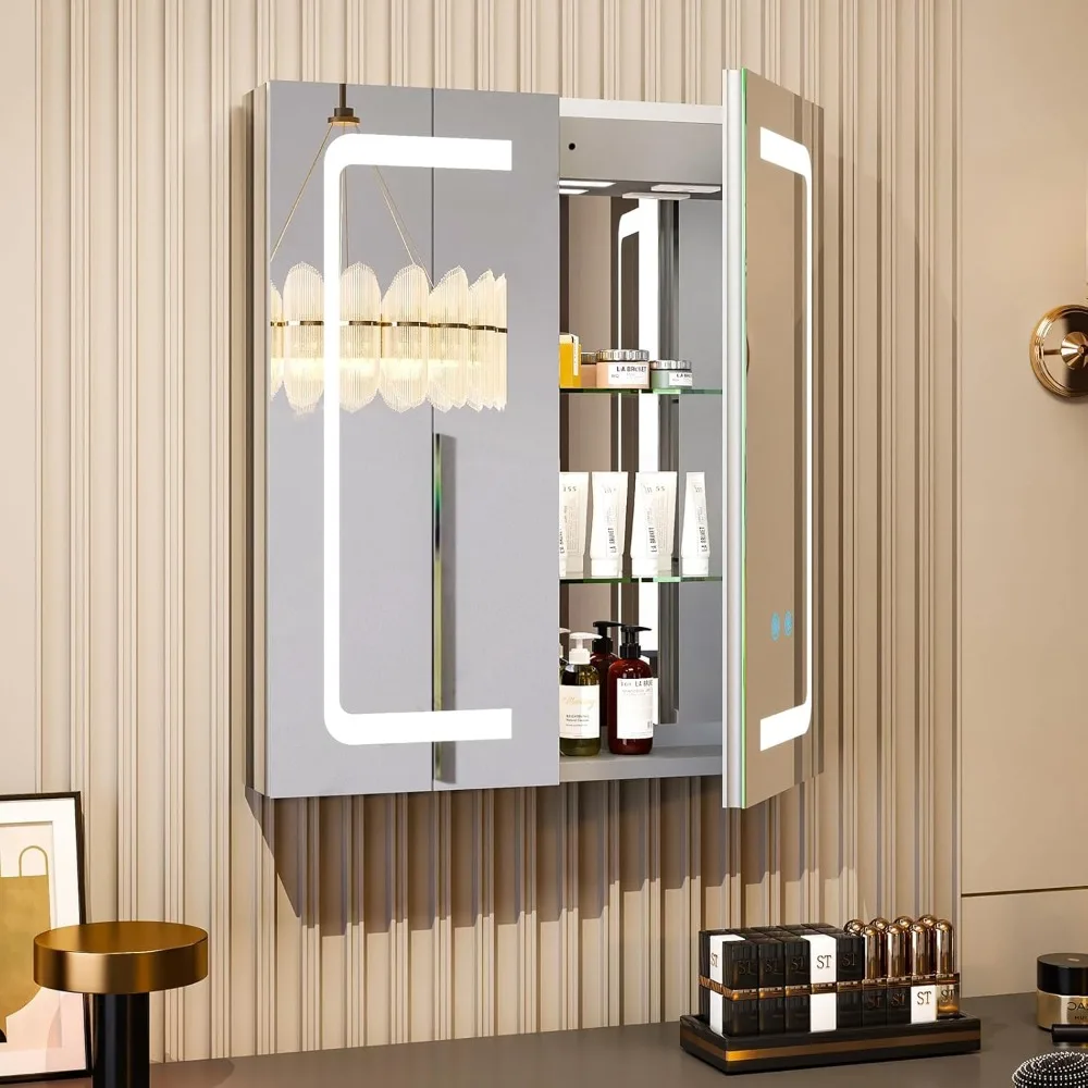 Lighted Cabinet with Mirror & Automatic Inner Light, Electrical Outlet/USB/Anti-Fog/3 Colors Light, Bathroom Cabinet