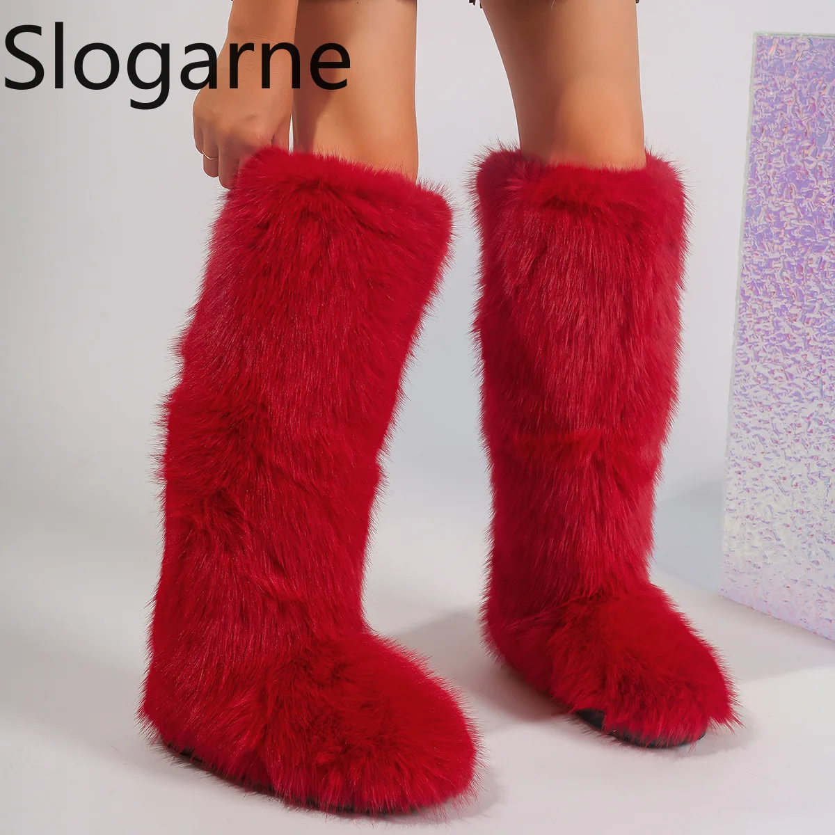 Women New Faux Fox Fur Long Boots Knee High Light Colour Fur Snow Boots Ladies Platform Push Shoes Drop Shipping Winter Shoes