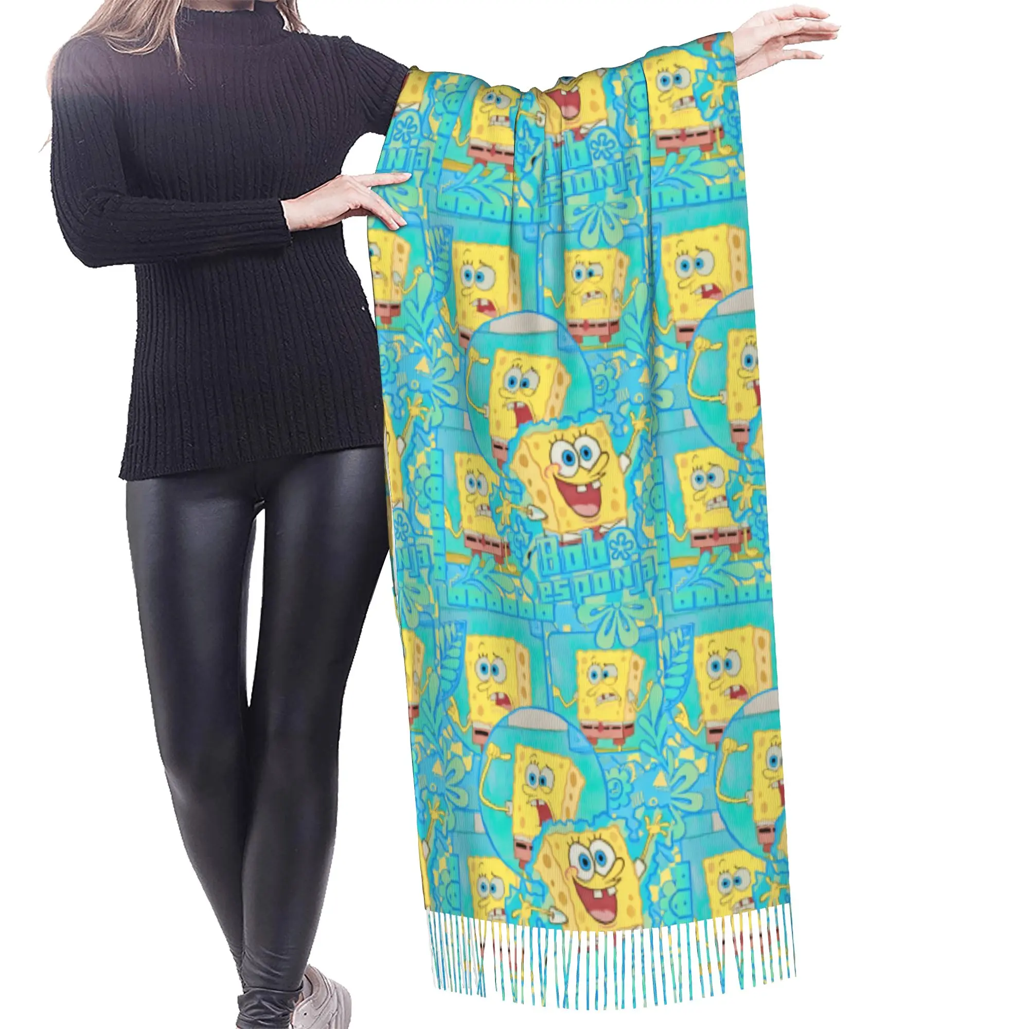 Custom S-Sponges Anime Bobes Scarf Wrap Women Long Winter Fall Warm Tassel Shawl Unisex Starfish Cartoon Scarves