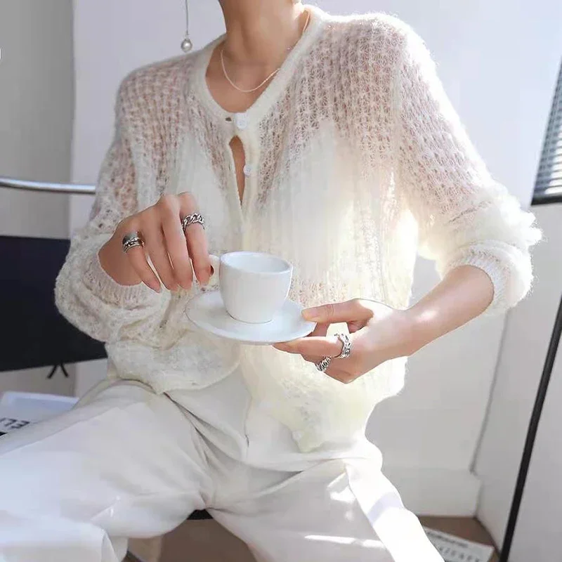 2024 Autumn Women's Cardigan Retro French Gentle Wind Fashion Wild Mohair Crochet Hollow Breathable Thin Knit Cardigan Sweater