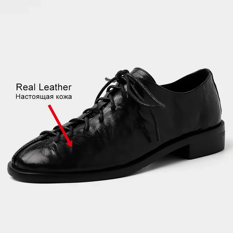 JOZHAMTA Size 34-39 Retro Flats Shoes For Women Real Leather Lace-Up Low Heels Shoes Vintage Spring 2025 Office Lady Daily Dress