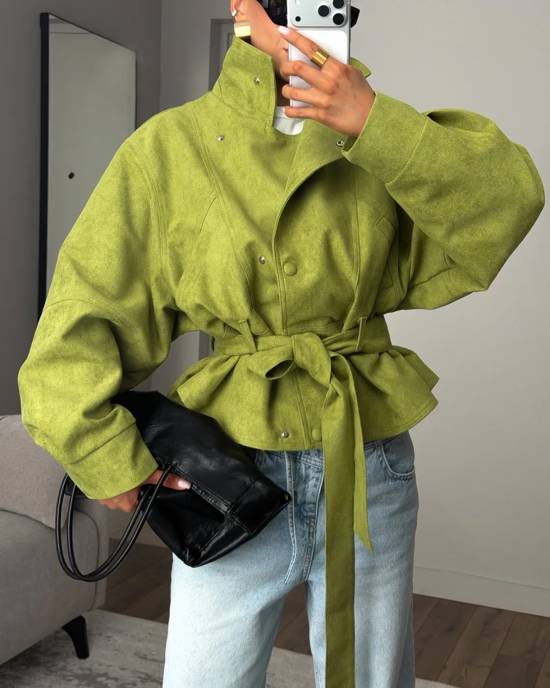 Temperament Fashionable Windbreaker Solid Color Autumn Winter Street Style Long-sleeved Stand-up Collar Waist Belted Jacket
