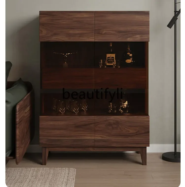 

ls 42Black walnut side cabinet New Chinese glass wine cabinet Living room decoration, simple wall locker