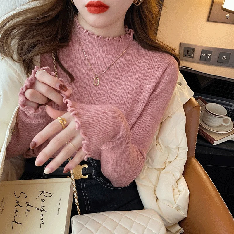 

Turtleneck Sweater Women Korean Sweet Solid Ruched Full Autumn Winter Undershirt Knitwear All-match Small Fresh Girls