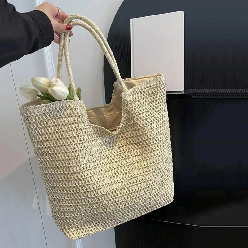 Borsa per tessitura fatta a mano di grande capacità con sensazione Premium, borsa a tracolla da donna in paglia da spiaggia all\'aperto