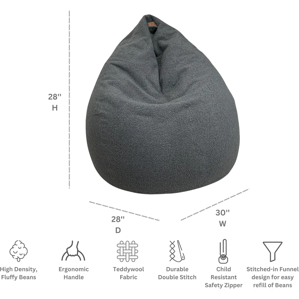 Teardrop Bean Bag Chair Filled Plush Ultra Soft Giant for Adults Teens Double Stitched Teddy Grey