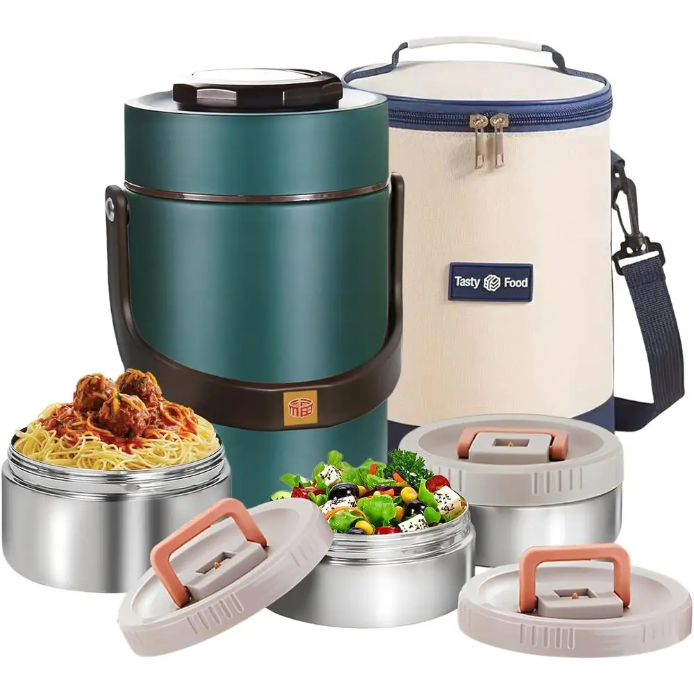 

Термос для супа и еды из нержавеющей стали с вакуумной изоляцией, 67 унций, с широким горлышком и штабелируемыми контейнерами-бенто для портативных обедов