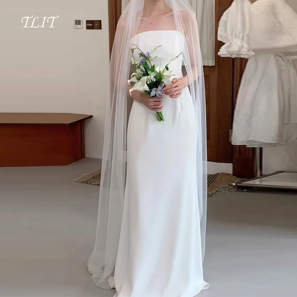 TLIT فستان زفاف أنيق من الساتان الأبيض المطاطي على شكل حرف a مخصص بدون حمالات مشد فستان زفاف كوري فستان الزفاف صور تبادل لاطلاق النار