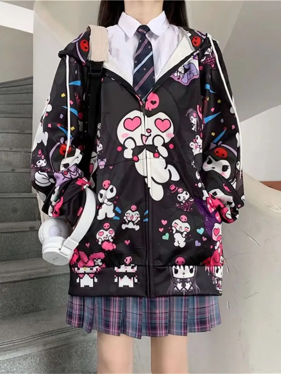 Black Zip Up Jackets Girls Harajuku Japan Anime Pockets Clothes Bomber Jacket Autumn Coat Women Spring Loose Devil Print Hoodies