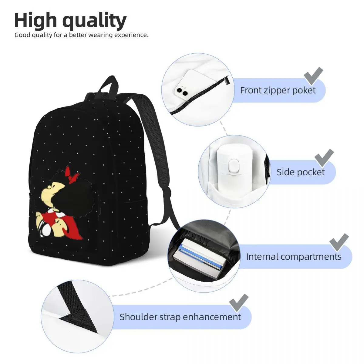 Custom Funny Mafalda Travel Canvas Backpack Women Men School Computer Bookbag Cartoon Kawaii College Student Daypack Bags