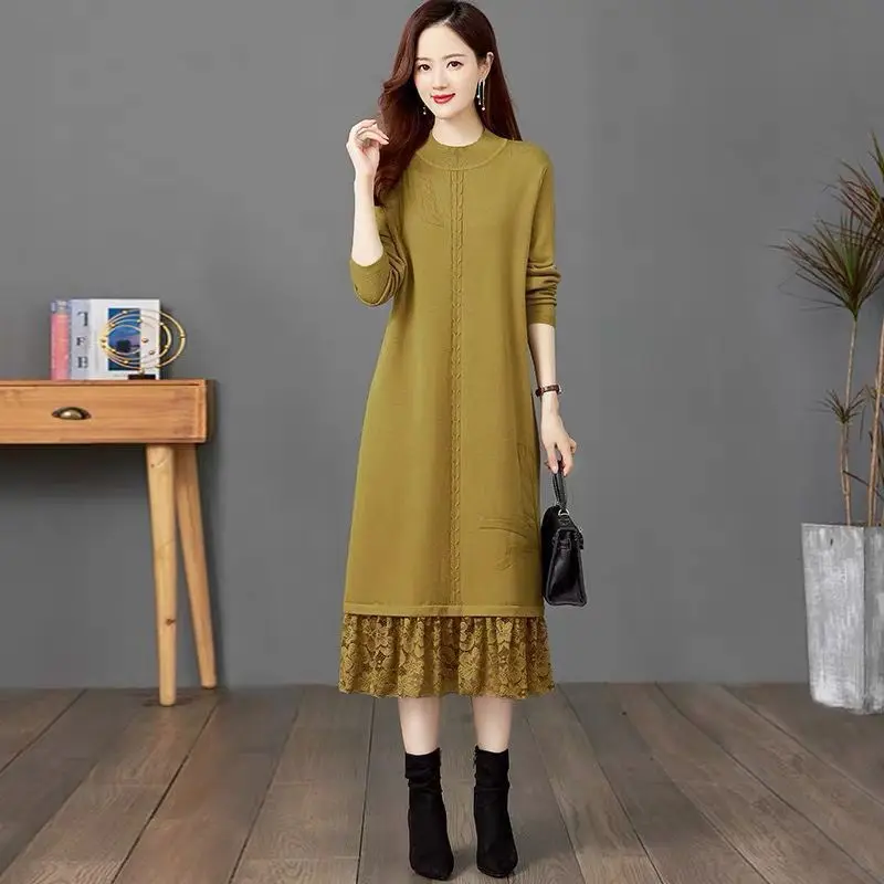 Large Size Long Fit Mom Sweater with Lace Base Hair Autumn and Winter Dress Bottom Knit Knee High Loose Fit