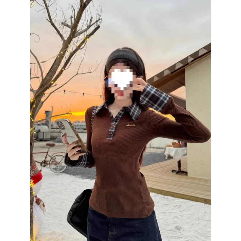 

Autumn Winter Vintage Design Grid Patchwork Base Shirt Inner Wear Top Quality Mesh Fabric Slim Fit Polo Neck T-Shirt Women's