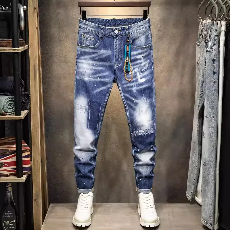 

Street Fashion Men Jeans Retro Blue White Washed Stretch Skinny Fit Ripped Jeans Men Vintage Designer Hip Hop Denim Pants Hombre