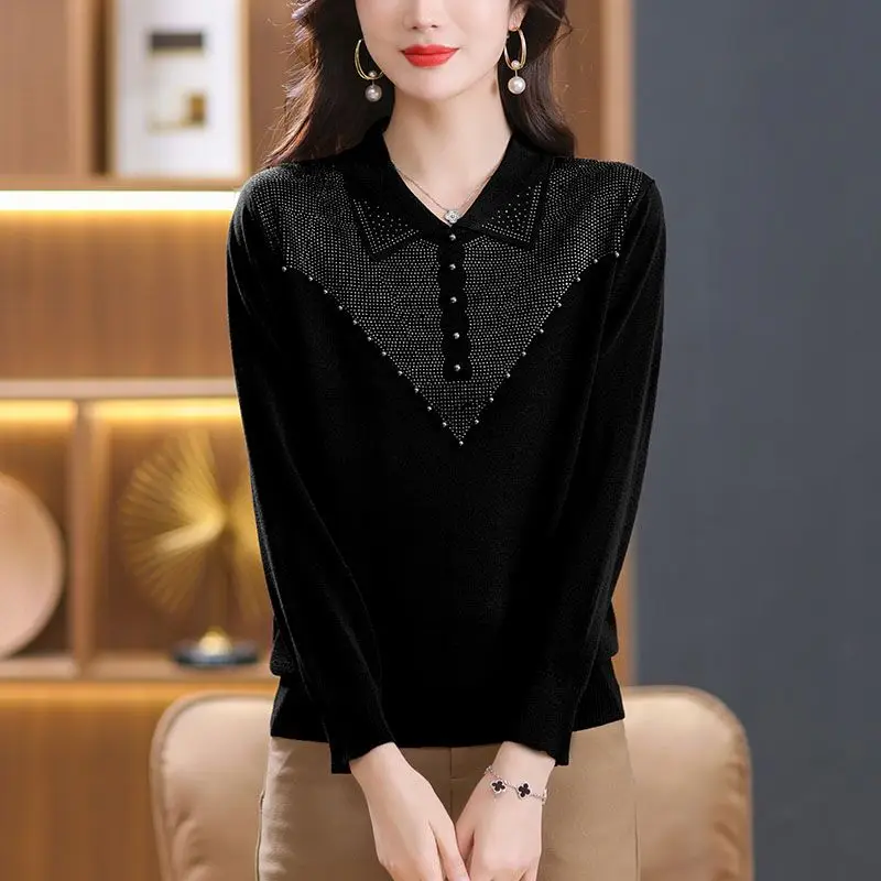 Women's Autumn New Lapel Knit Pullovers Solid Diamonds Base Layers Commuter Fashion Casual T-shirt Versatile Long Sleeves Tops