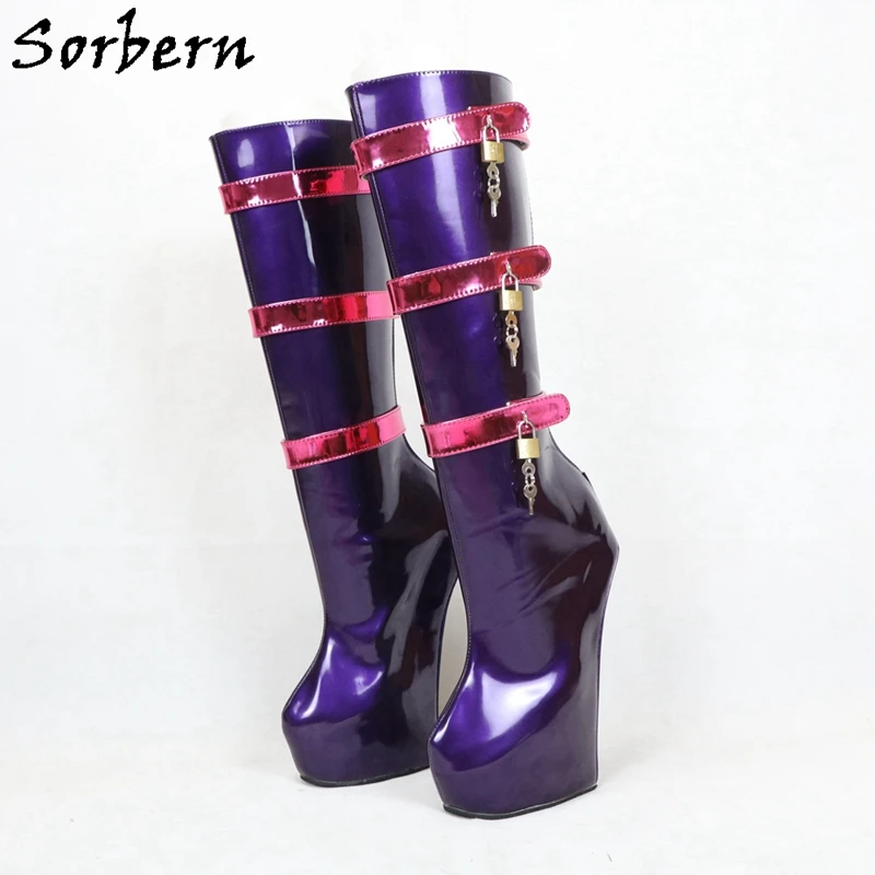 

Sorbern Purple Heelless Knee High Boots Thick Platform Lockable Straps Bdsm Fetish Shoes Custom Leg Width Play Fun Shoes