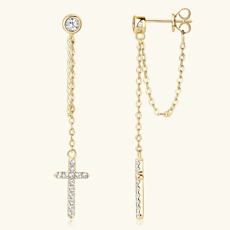 

Cross 925 Sterling Silver 18K Gold Round Cut 1.3MM Moissanite Diamond Drop Earrings Party For Women Fine Jewelry Gift