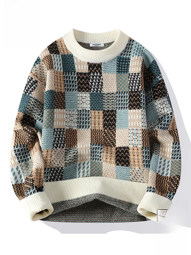 

PaulFrank Thiened Plaid Color Blo Men's Knitted Sweater Casual Warm Autumn Winter Outerwear Soft Comfortable Polyester Fiber