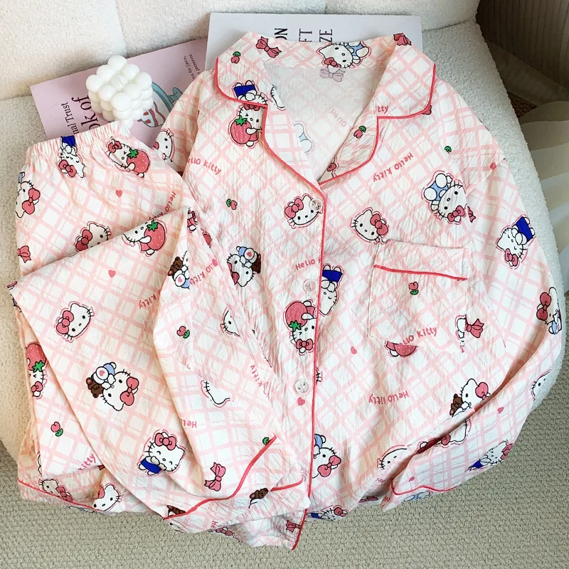 Sanrio Hello Kitty Women\'s Pajamas Set Cartoon Anime Girls Long Sleeve Long Pants Pajamas Cute Cloud Cotton Student Home Clothes