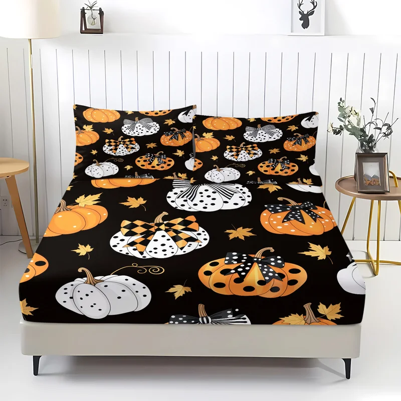 Halloween Pumpkin Bow Fitted Sheet Set 1 Fitted Sheet 2 Pillowcases Soft Microfiber Bedding Set for Bedroom All Season