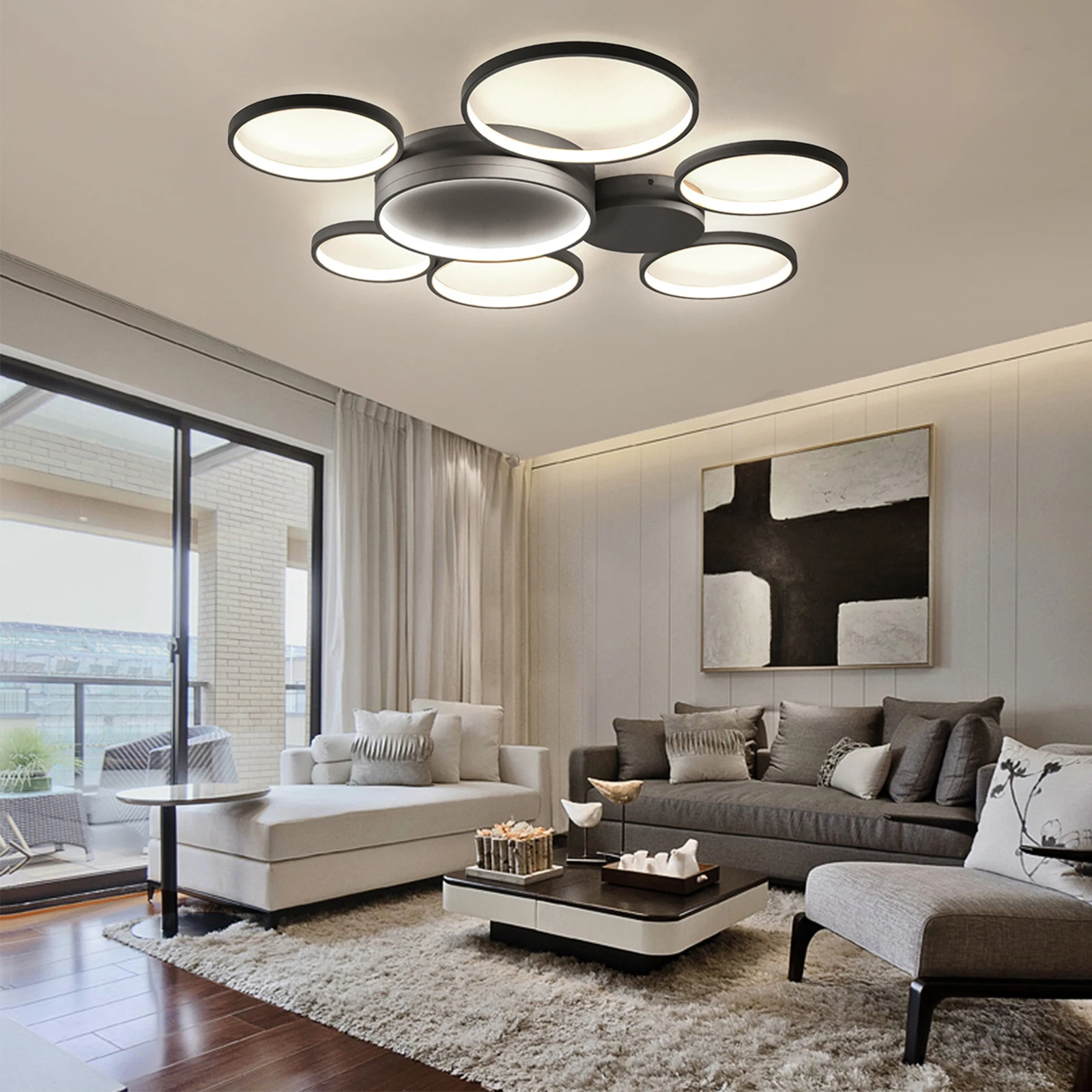 7 Rings Modern LED Ceiling Lights Dimmable Circle Rings Remote Control Chandelier Living Room Bedroom Indoors Lighting Fixture