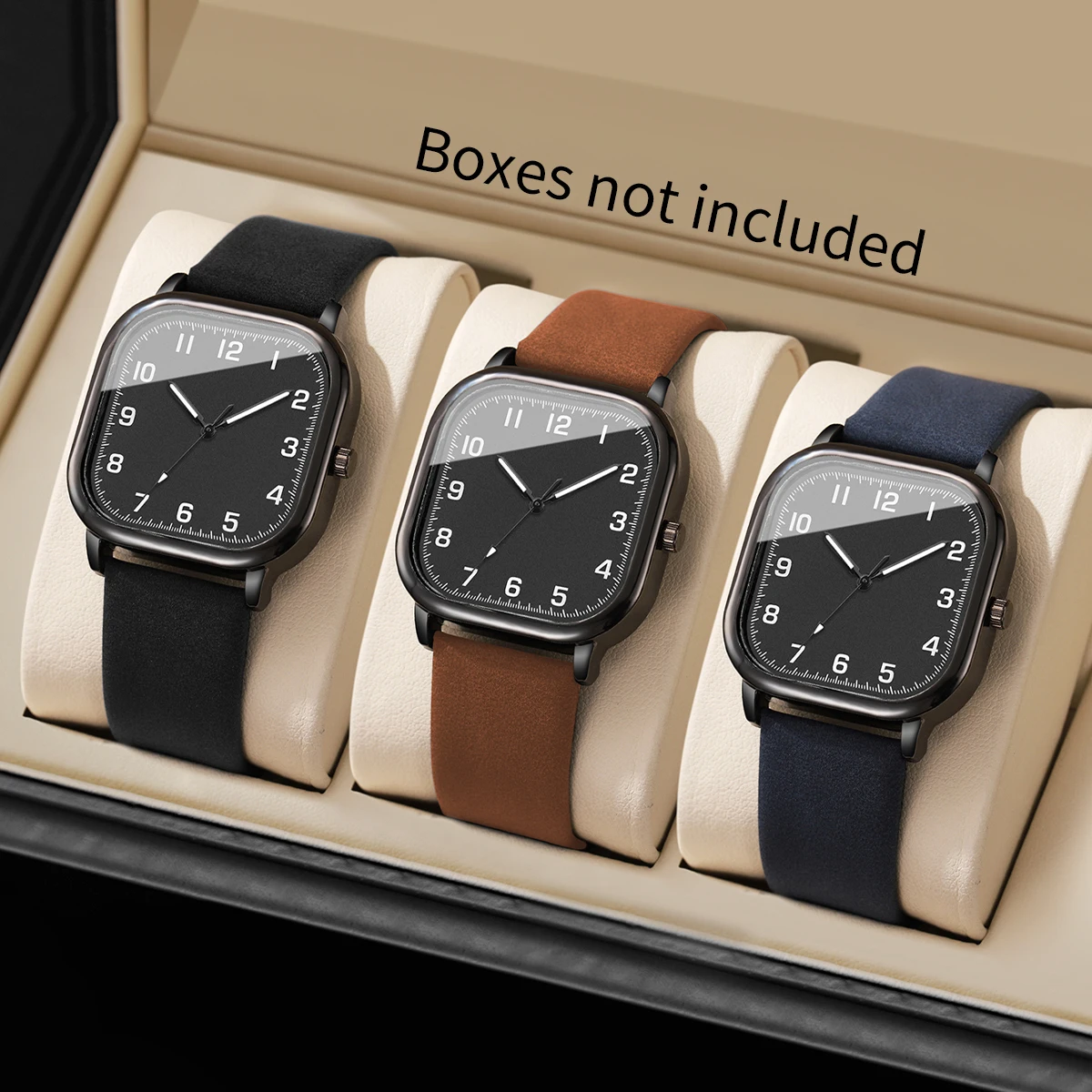 3PCS Fashion Square Arabic Men Business Watches Set Simple Leather Band Quartz Wristwatches Relogio Masculino（Without Box）